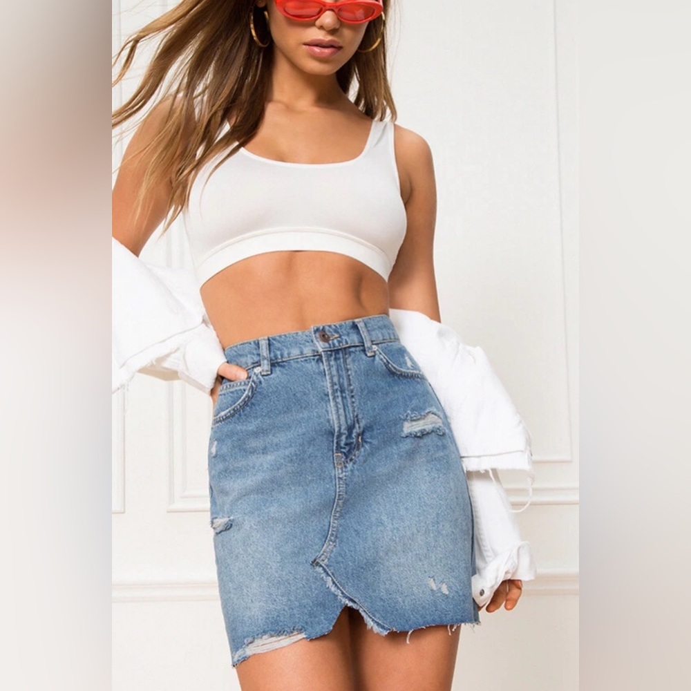 Free People We The Free Hallie Denim Mini Skirt 29 Distressed Raw Hem